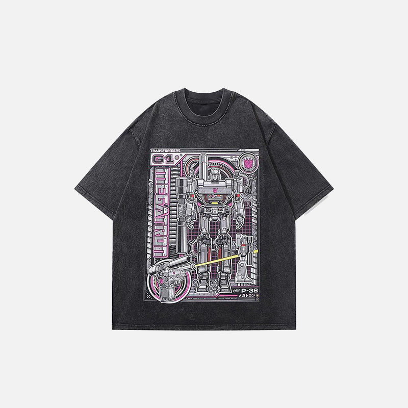 Front view of the black Vintage Loose Anime Robot T-shirt in a gray background