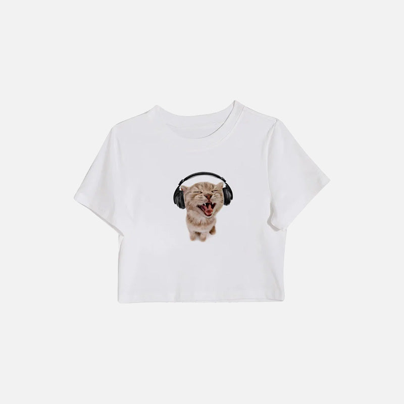 Kadın Y2K Kedi Baskılı Crop Tişört, önden görünüm — Navra Wear
