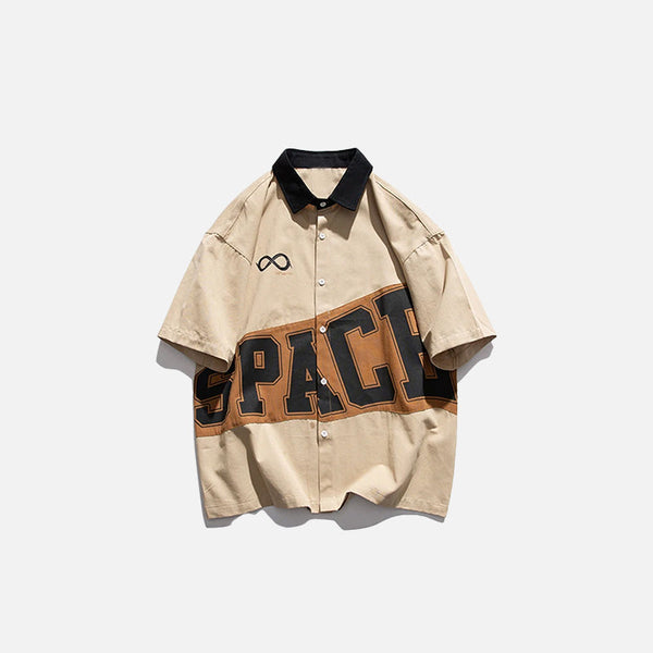 Front View of the khaki Space Patchwork Shirt in a gray background