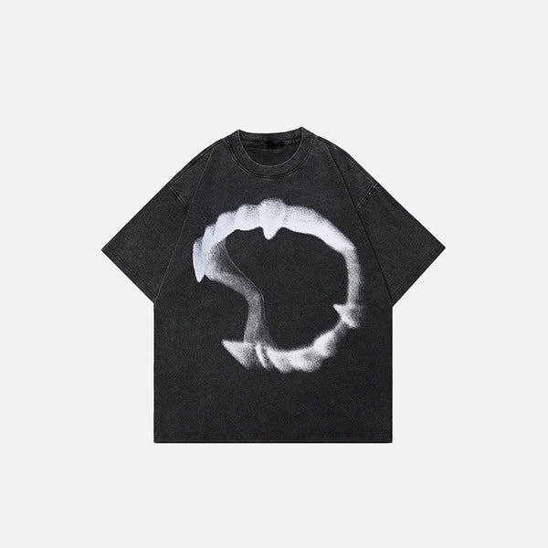 Front view of the black Retro Graphic Teeth Washed T-Shirt in a gray background