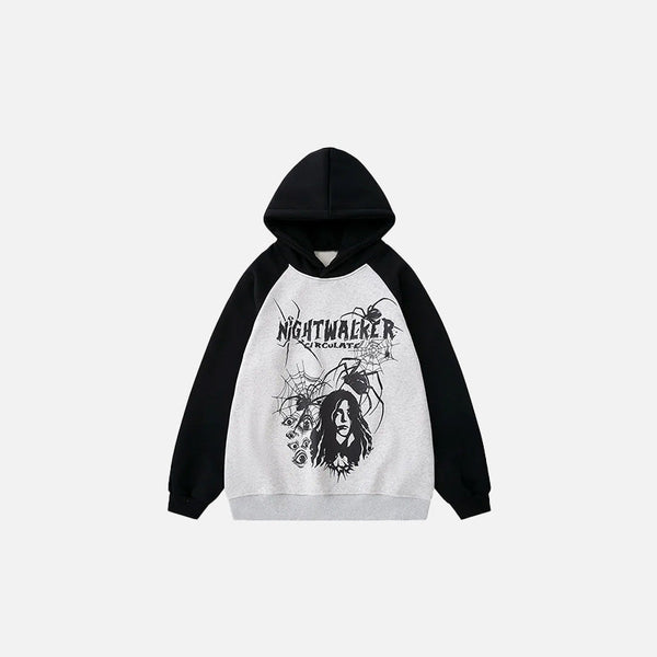 Front view of the grey Nightwalker Horror Hoodie in a gray background