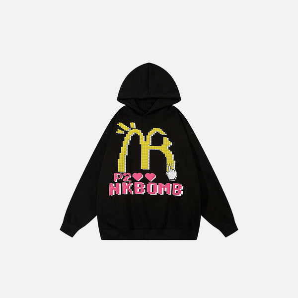 Front view of the black Y2K Mister Bomb Hoodie in a gray background