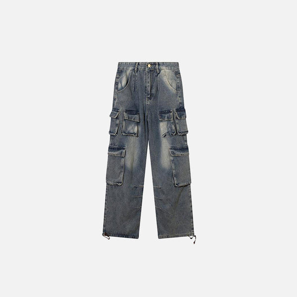 Front view of the Multi-Pockets Retro Loose Pants in a gray background