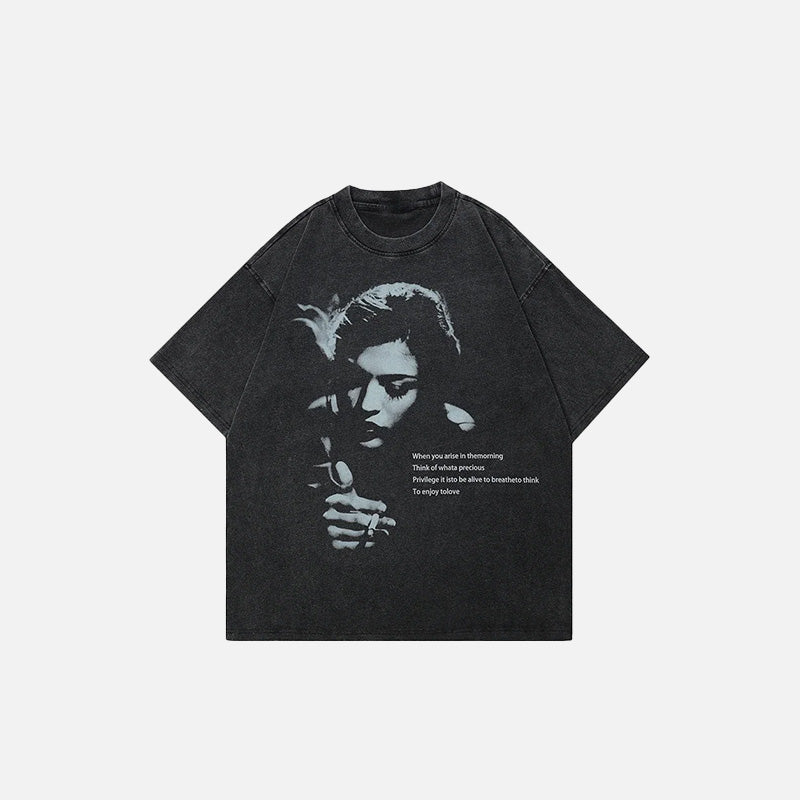 Front view of the black Vintage Human Retro Graphic T-shirt in a gray background