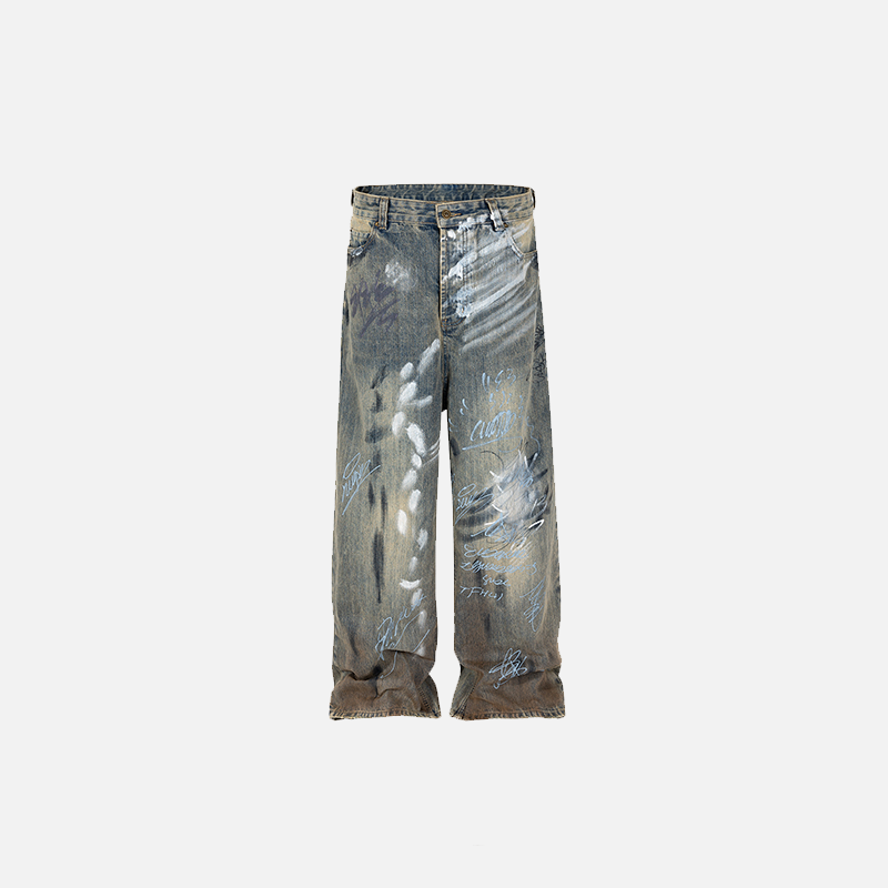 İspanyol Paça Grafiti Baskılı Jean Pantolon, önden görünüm — Navra Wear
