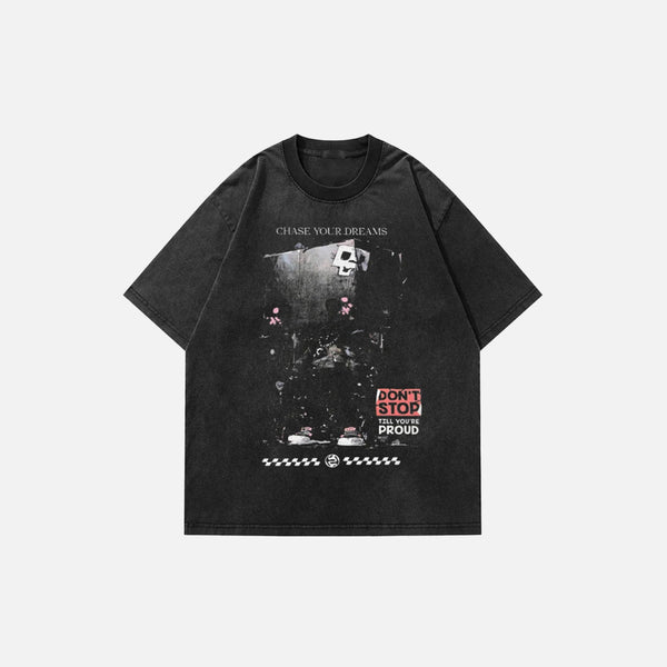 Back view of the black Oversized Vintage Graphic print Washed T-shirt in a gray background