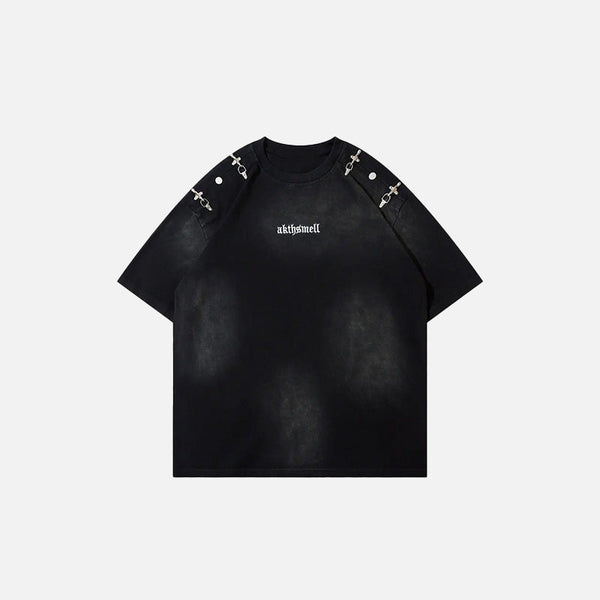 Front view of the black Vintage Loose Punk Washed T-shirt in a gray background