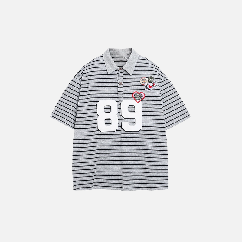 Off-Duty Multi-Stripe Placket-Neck with Badge Short Sleeve T-Shirt