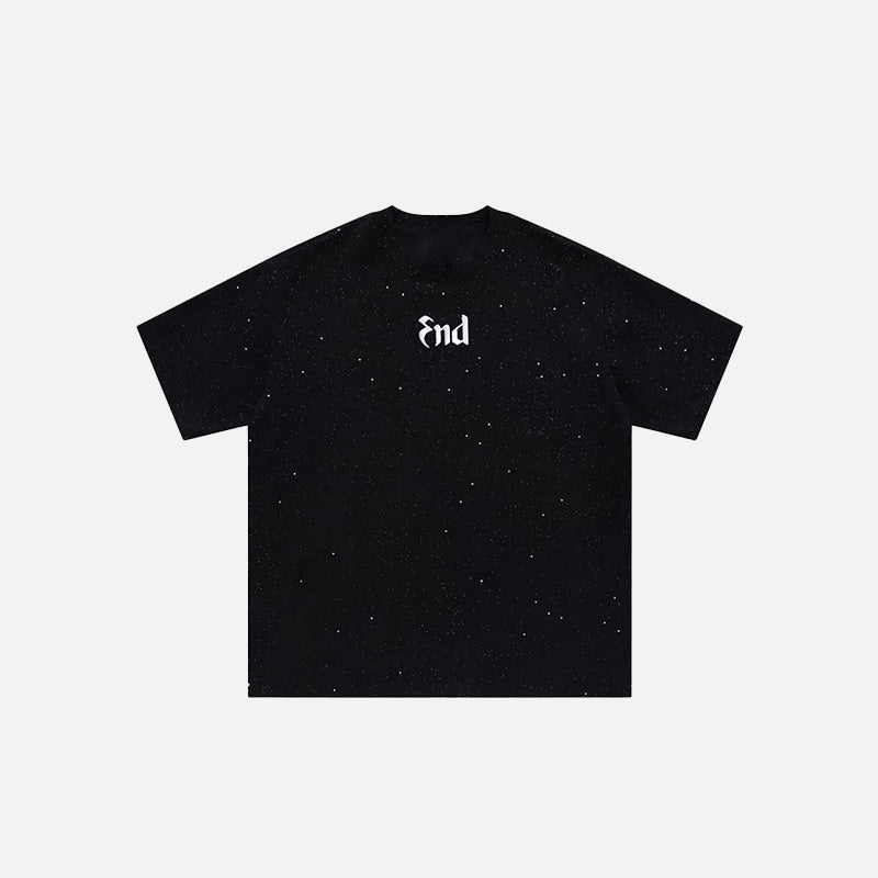Front view of the black Space End Loose T-shirt in a gray background
