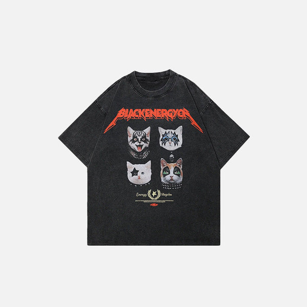 Front view of the black Graphic Masked Cats T-shirt in a gray background