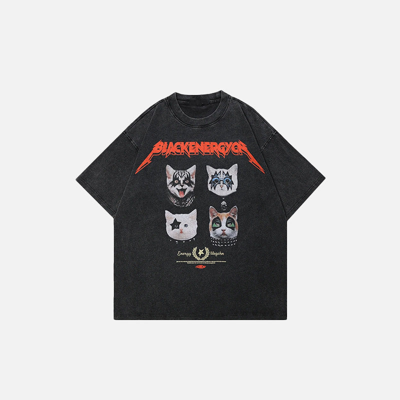 Front view of the black Graphic Masked Cats T-shirt in a gray background