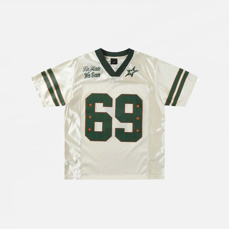 Front view of the beige Patchwork Sports Graphic T-Shirt in a gray background