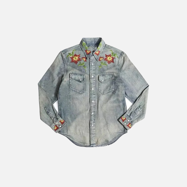Faded Floral Embroidered Denim Shirt