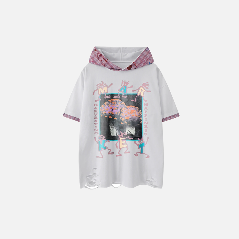 Visual Print Hooded Short Sleeve Ripped T-Shirt