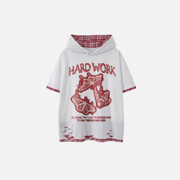 New-Millennium Metamorphosis Print Hooded Short Sleeve Ripped T-Shirt