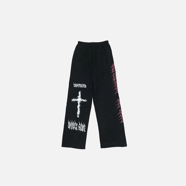 Front view of the black Gothic Graphic Loose Pants in a gray background