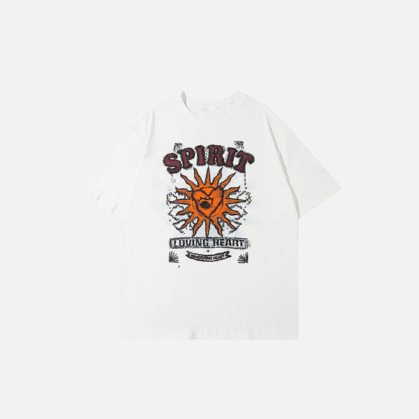 Front view of the white Gothic Loose Sun Spirit Graphic T-Shirt in a gray background