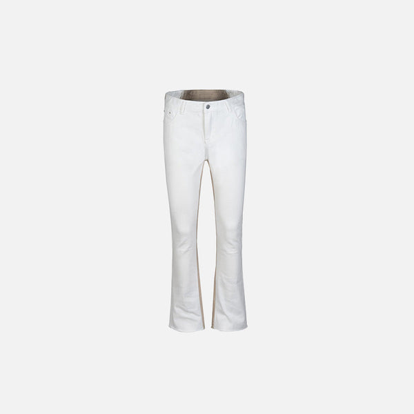 Front view of the white Dual-Tone Wave Flare Jeans in a gray background
