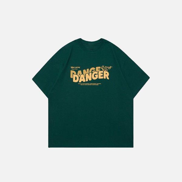 Front view of the dark green Loose Danger Printed T-shirt in a gray background