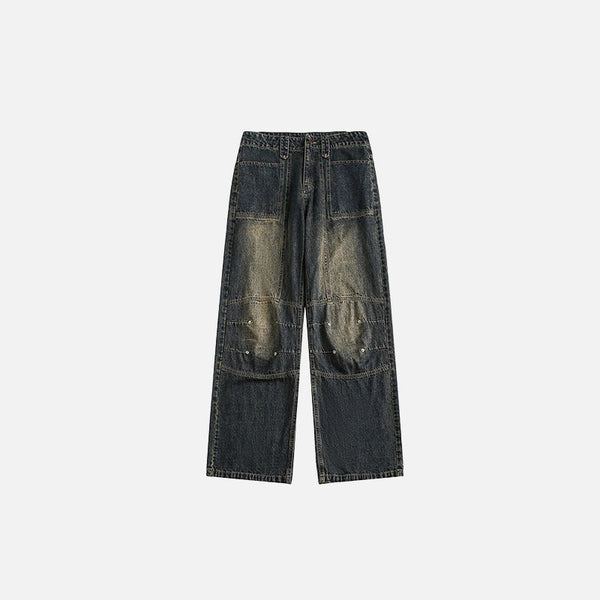 Front view of the Faded Blue Denim Jeans in a gray background