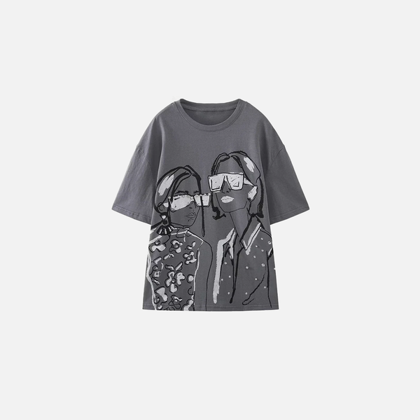 Gray Beaded Print Relaxed-Cut Cotton T-Shirt