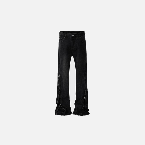 Front view of the black Edgy Black Flared Jeans in a gray background