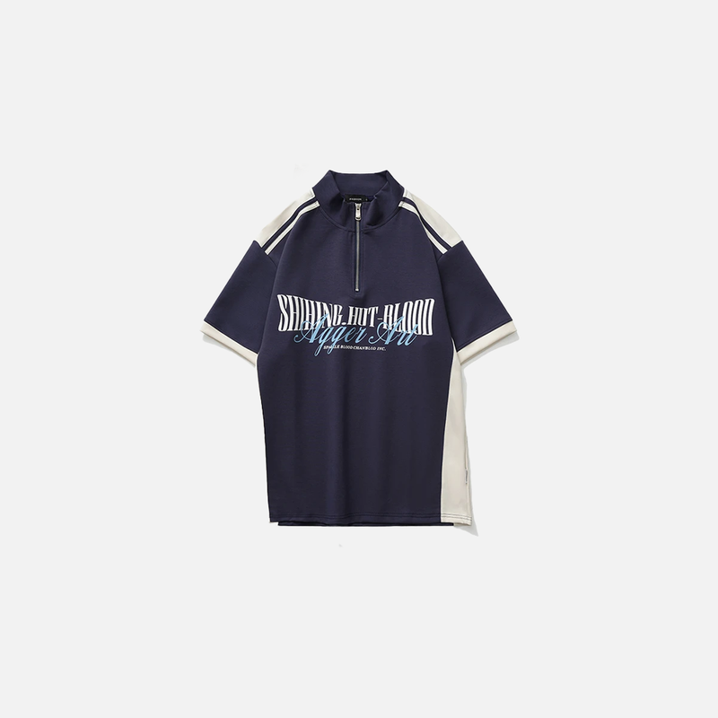 Spliced Letter Stamped Stand Collar T-Shirt
