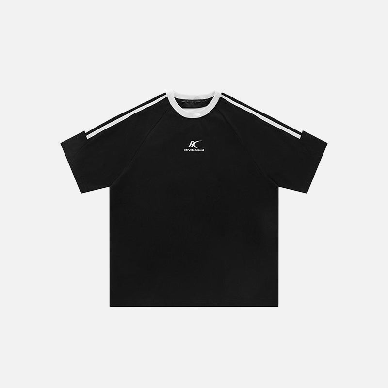 Front view of the black Loose Side Striped Embroidery T-shirt in a gray background