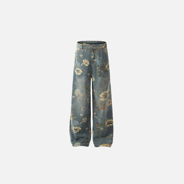 Çiçek Desenli Jean Pantolon, önden görünüm — Navra Wear