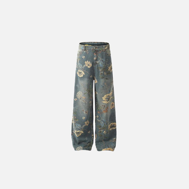 Çiçek Desenli Jean Pantolon, önden görünüm — Navra Wear