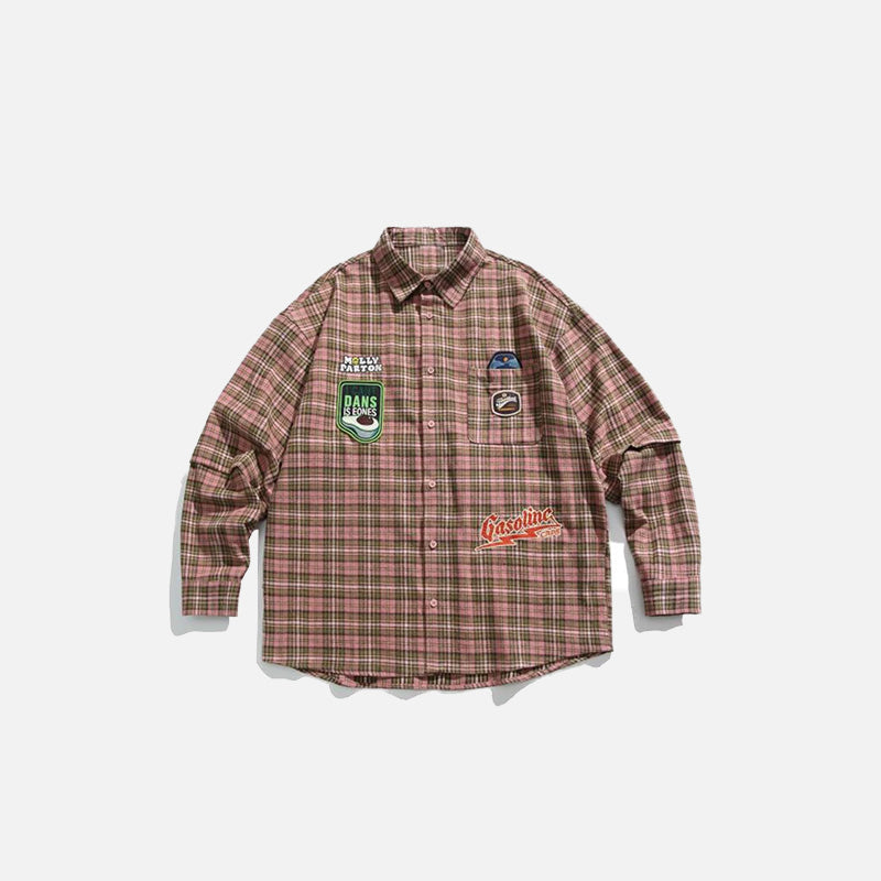 Front view of the brown Vintage Loose Plaid Varsity Shirt in a gray background