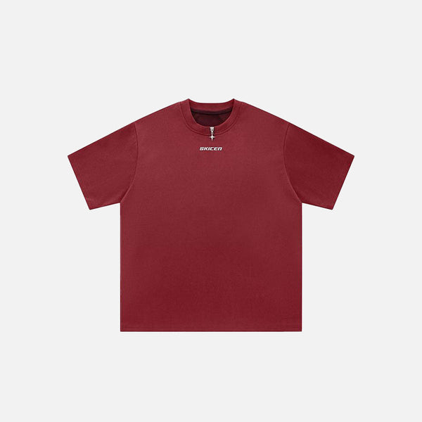 Front view of the red Zipper Loose Oversized T-shirt in a gray background