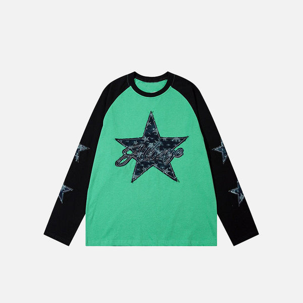 Star Block Denim Mixed Top