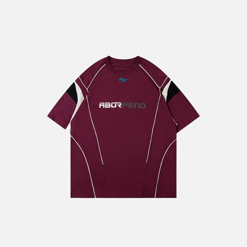 Front view of the red Color Blocking Loose T-shirt in a gray background