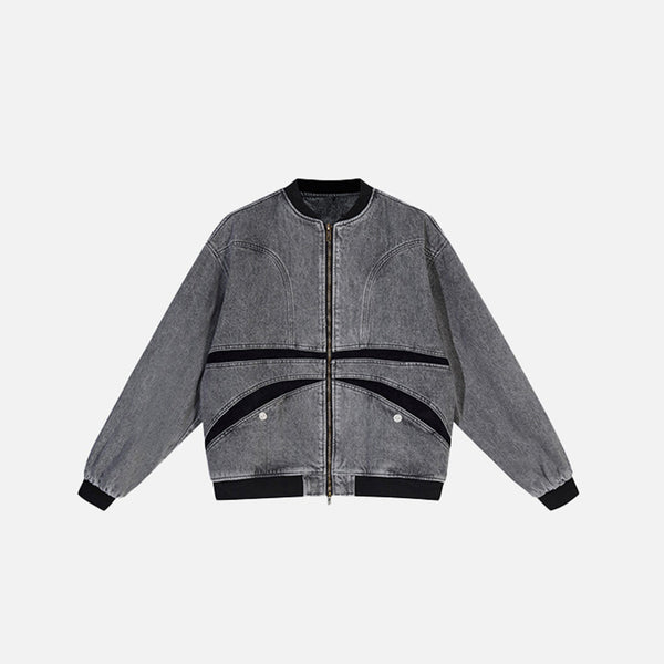 Front view of the black Y2k Washed Denim Stitching Jacket in a gray background