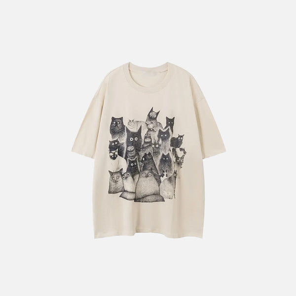 Front view of the beige Staring Cats Graphic Loose T-shirt in a gray background