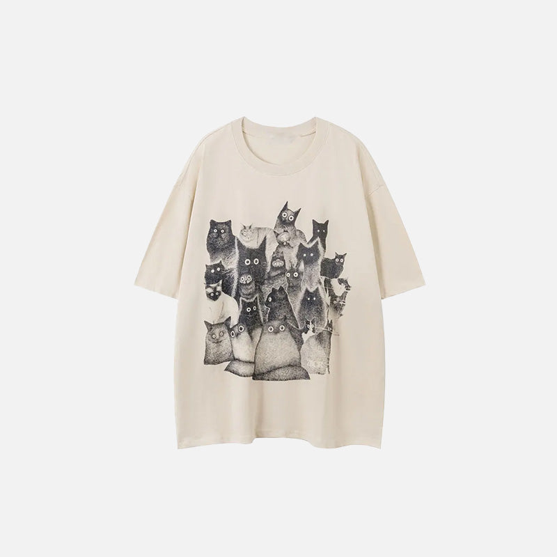 Front view of the beige Staring Cats Graphic Loose T-shirt in a gray background