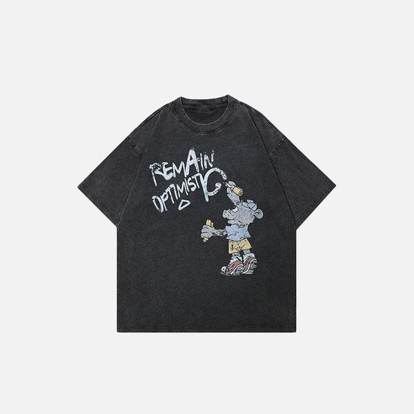 Front view of the black Optimistic Graffiti T-shirt in a gray back ground
