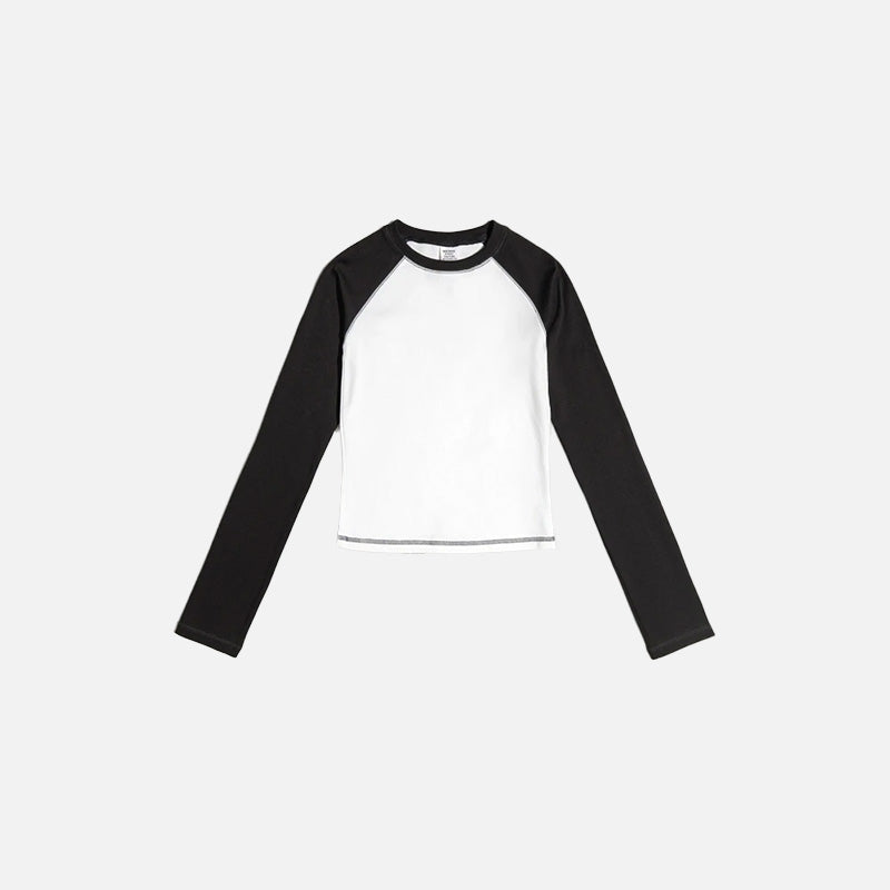 Front view of the black & white Color Contrast Long Sleeve Women's T-shirt in a gray background