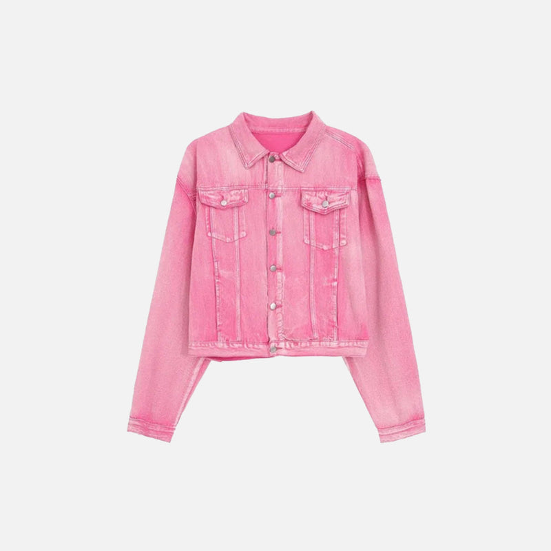 Front view of the Pink Denim Jacket & Pants Two Piece Set in a gray background