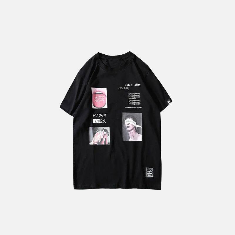 Front view of the black Y2k Potentiality Graphic T-shirt in a gray background