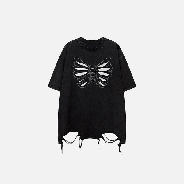 Front view of the black Y2k Loose Butterfly Ripped T-shirt in a gray background