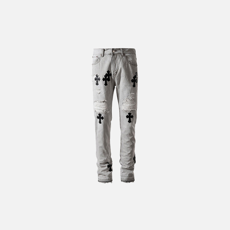 Front view of the light gray Cross Ripped Slim-fit Jeans in a gray background