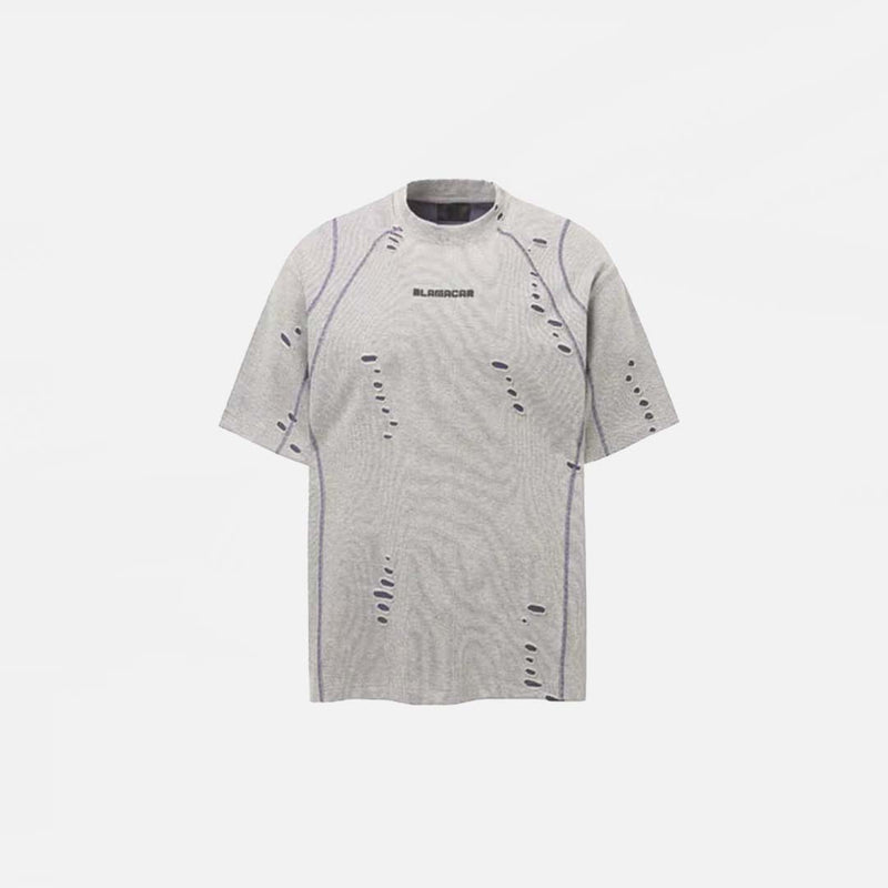Front view of the grey Grunge Ripped Holes T-Shirt in a gray background