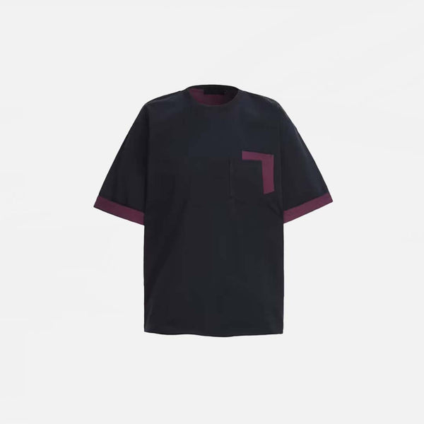 Front view of the blue Vintage Patchwork Loose T-Shirt in a gray background