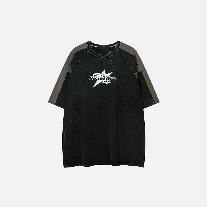Front view of the black Y2K Retro Patchwork Sports T-shirt in a gray background
