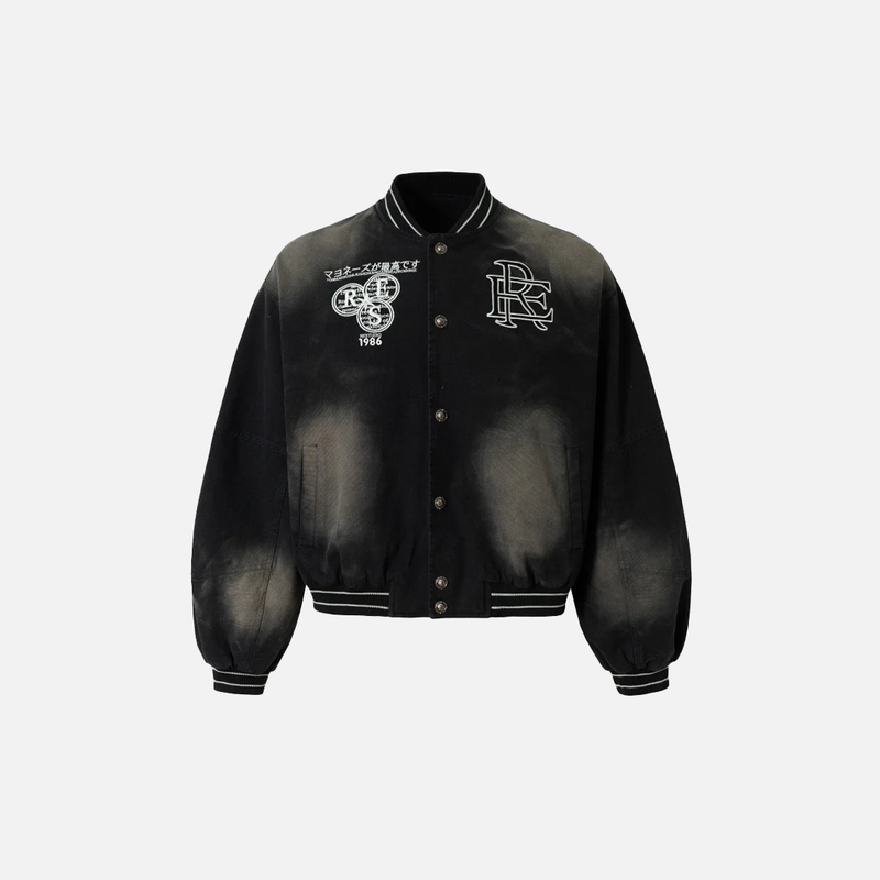 Faded Letter Embroidered Baseball Varsity Denim Jacket