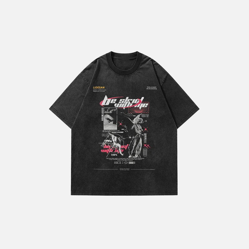 Oversized Street-Culture Faded Celestial-Wing Statue T-Shirt