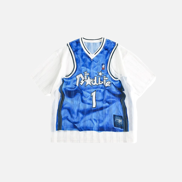 Fake Two Piece Artwork Print V-Neck Basketball T-Shirt