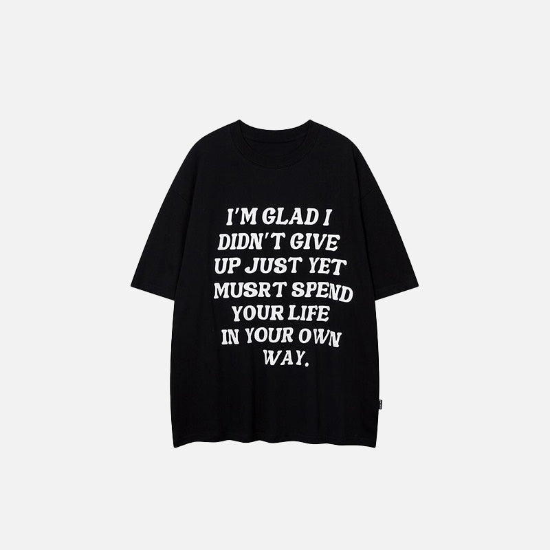Front view of the black Motivation Letter Print T-shirt in a gray background